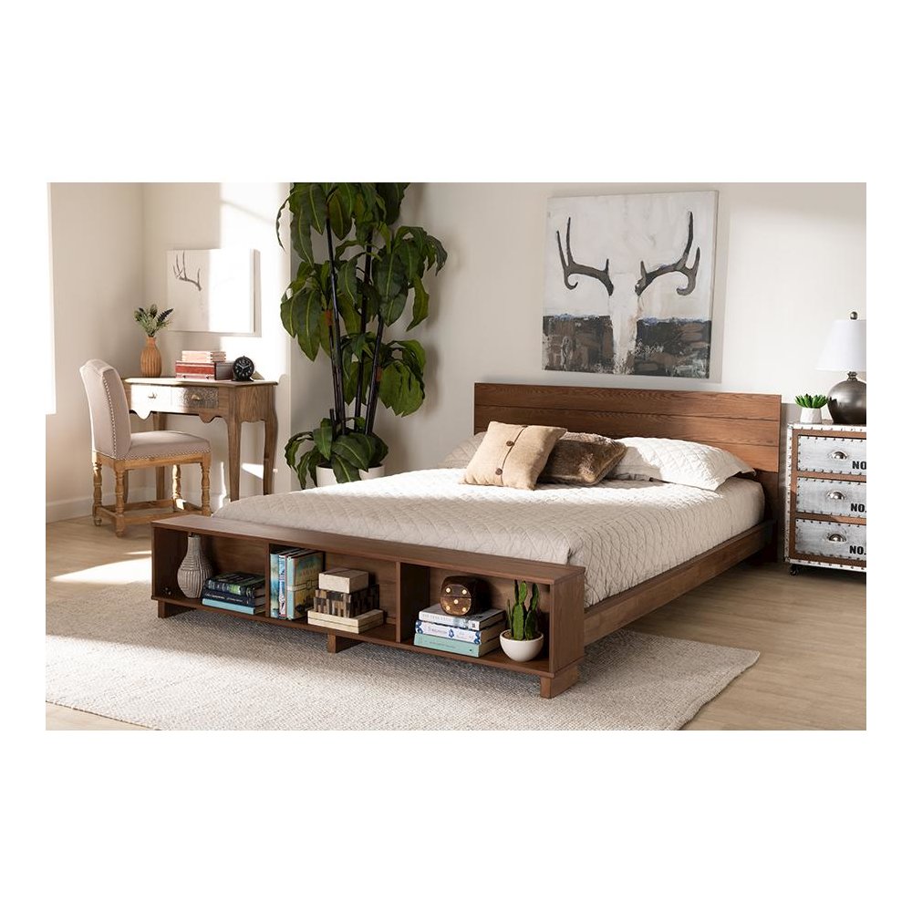 Walnut Brown Finished Wood Full Size Platform Storage Bed with Built-In Shelves