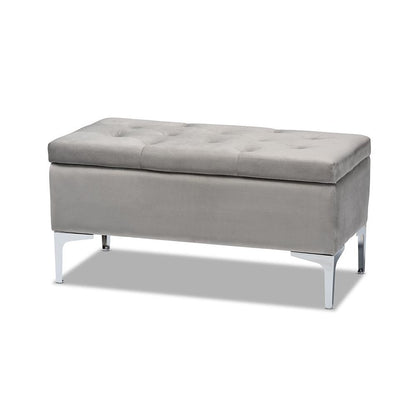 Transitional Grey Velvet Fabric Upholstered Silver Finished Storage Ottoman