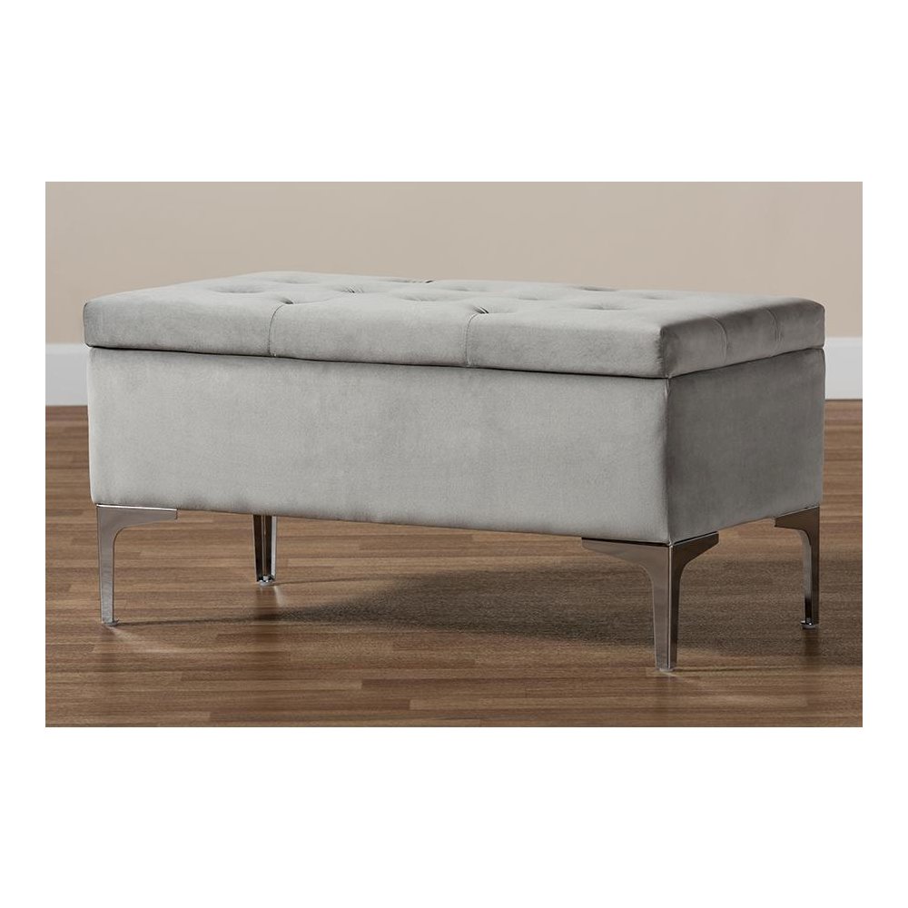 Transitional Grey Velvet Fabric Upholstered Silver Finished Storage Ottoman