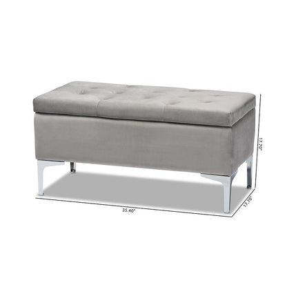 Transitional Grey Velvet Fabric Upholstered Silver Finished Storage Ottoman