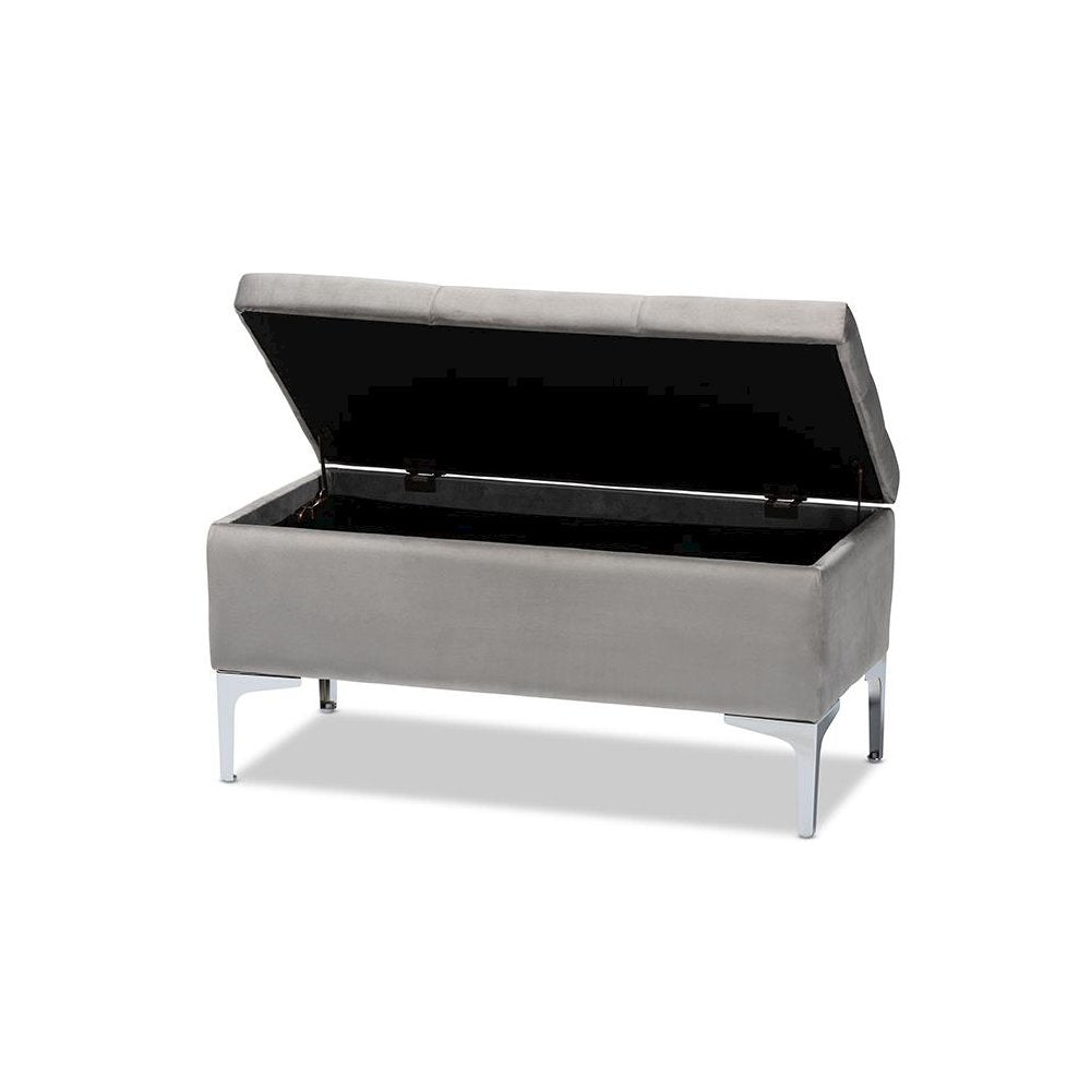 Transitional Grey Velvet Fabric Upholstered Silver Finished Storage Ottoman