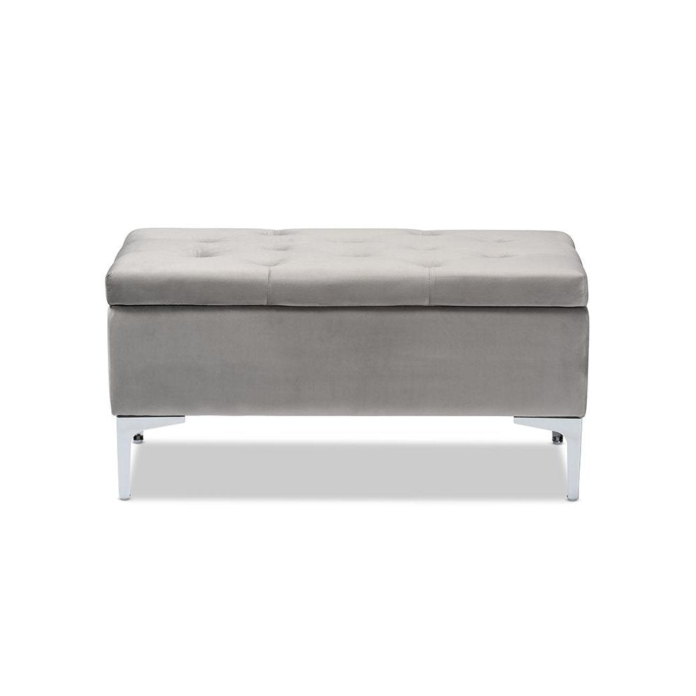 Transitional Grey Velvet Fabric Upholstered Silver Finished Storage Ottoman