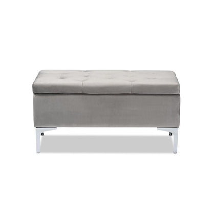 Transitional Grey Velvet Fabric Upholstered Silver Finished Storage Ottoman