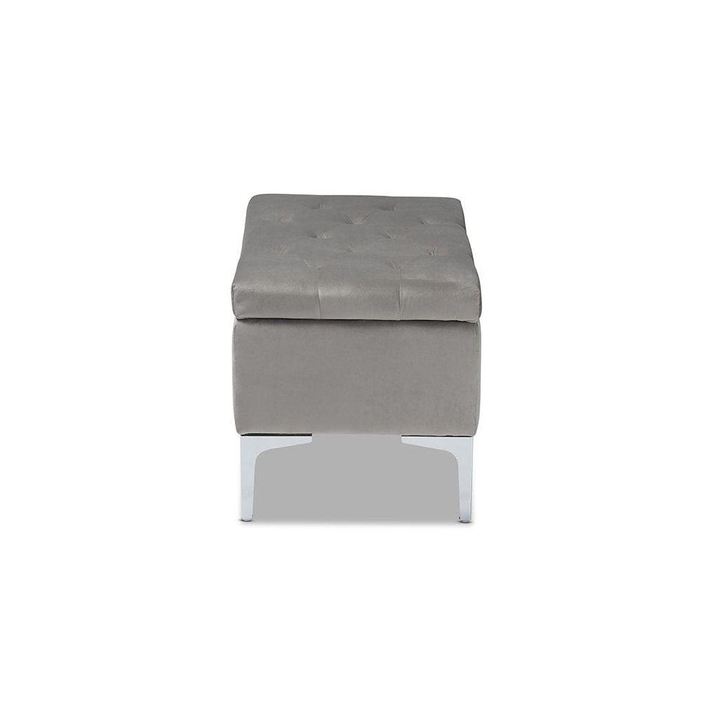 Transitional Grey Velvet Fabric Upholstered Silver Finished Storage Ottoman