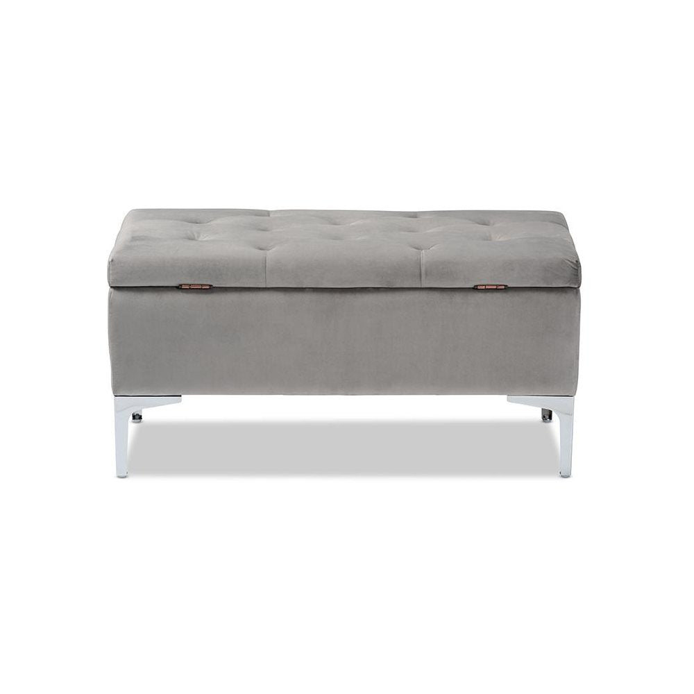 Transitional Grey Velvet Fabric Upholstered Silver Finished Storage Ottoman