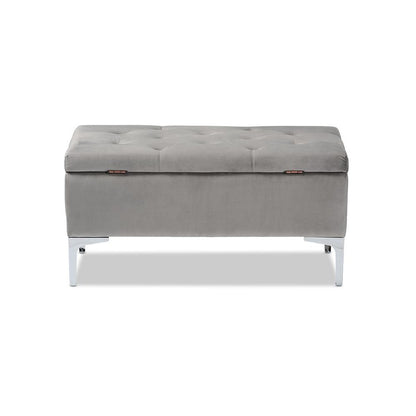 Transitional Grey Velvet Fabric Upholstered Silver Finished Storage Ottoman
