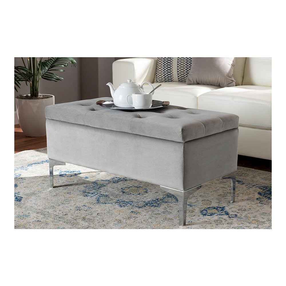 Transitional Grey Velvet Fabric Upholstered Silver Finished Storage Ottoman