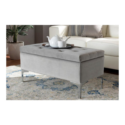 Transitional Grey Velvet Fabric Upholstered Silver Finished Storage Ottoman