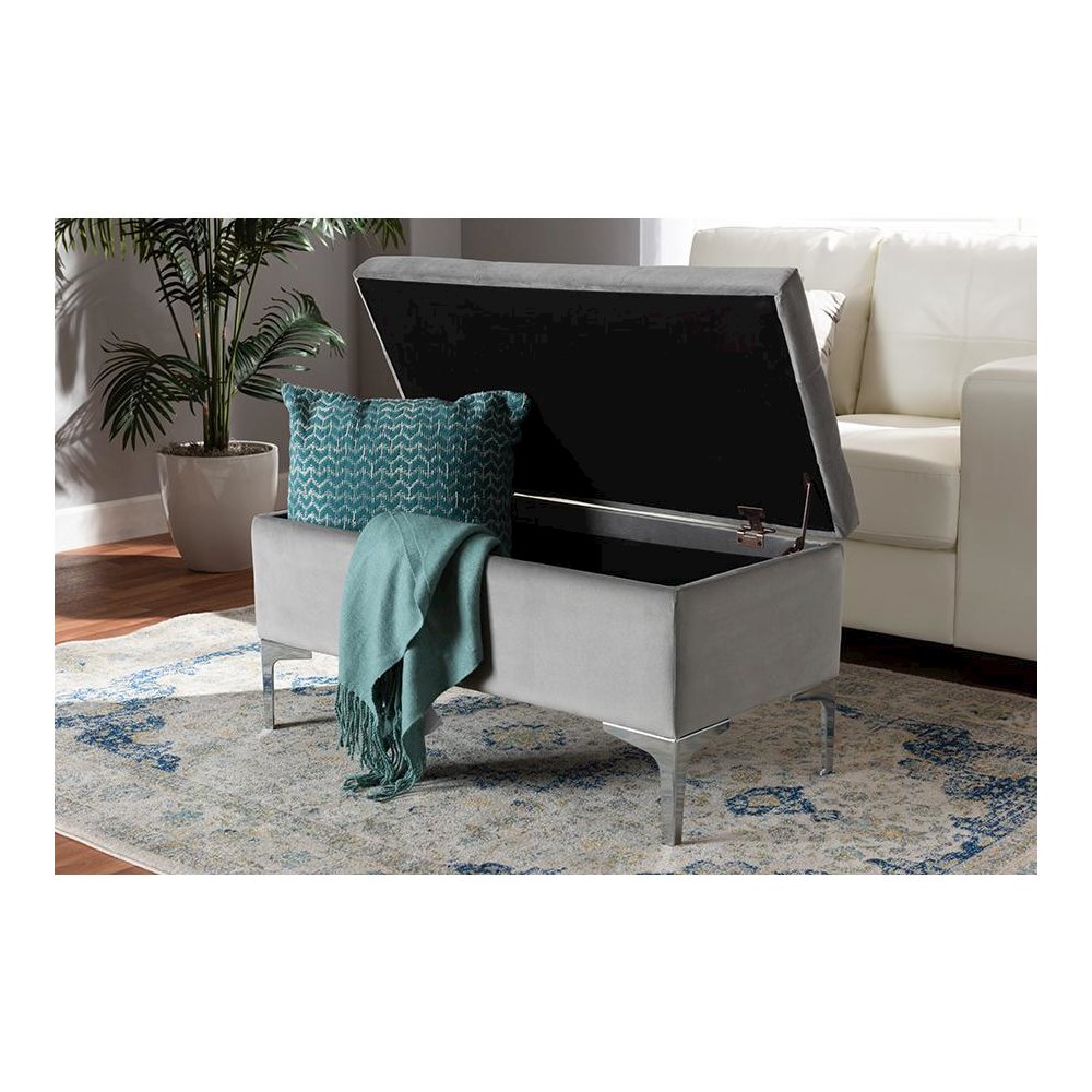 Transitional Grey Velvet Fabric Upholstered Silver Finished Storage Ottoman