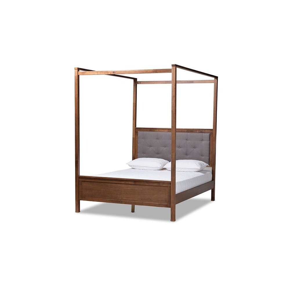 Walnut Brown Finished Wood Queen Size Platform Canopy Bed