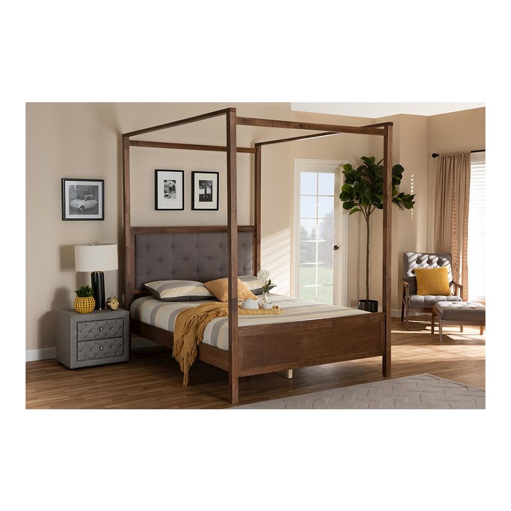 Walnut Brown Finished Wood Queen Size Platform Canopy Bed