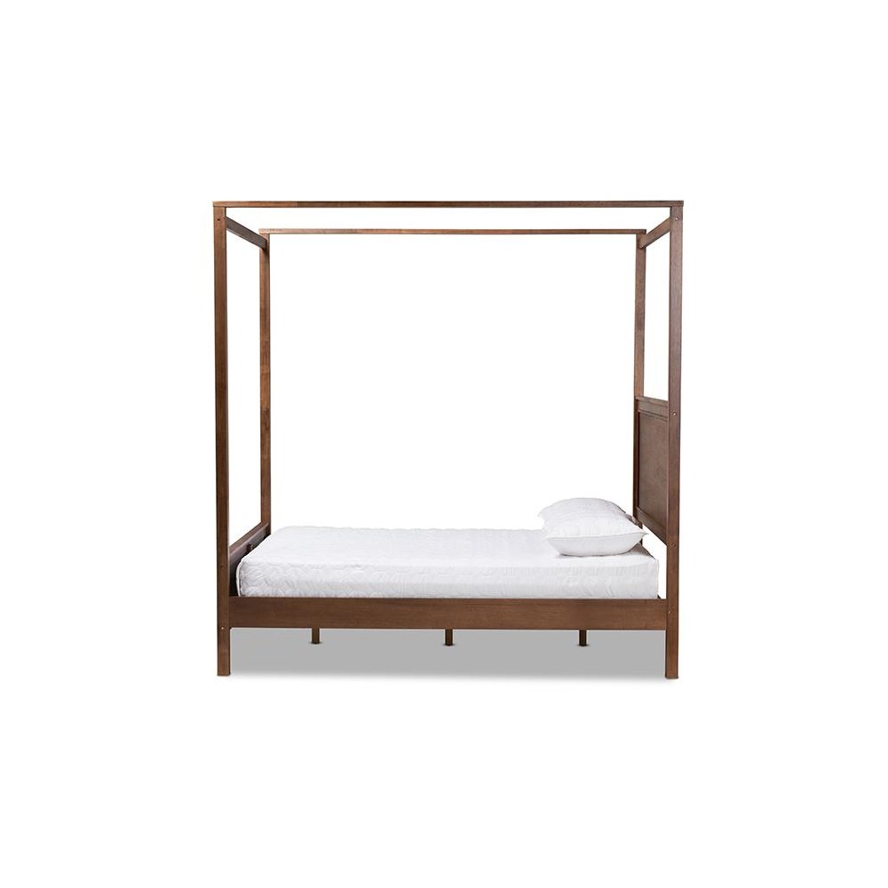Walnut Brown Finished Wood Queen Size Platform Canopy Bed