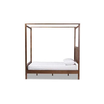 Walnut Brown Finished Wood Queen Size Platform Canopy Bed