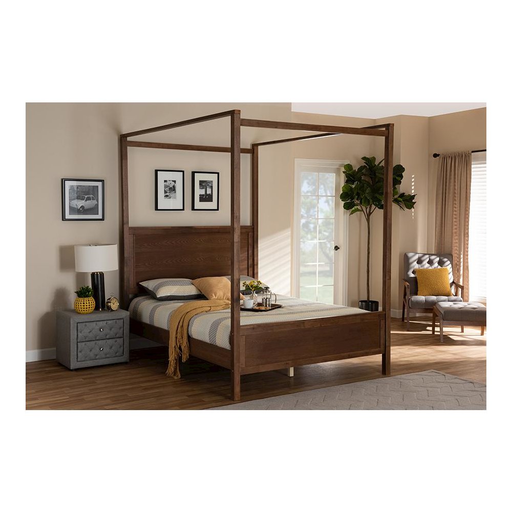 Walnut Brown Finished Wood Queen Size Platform Canopy Bed