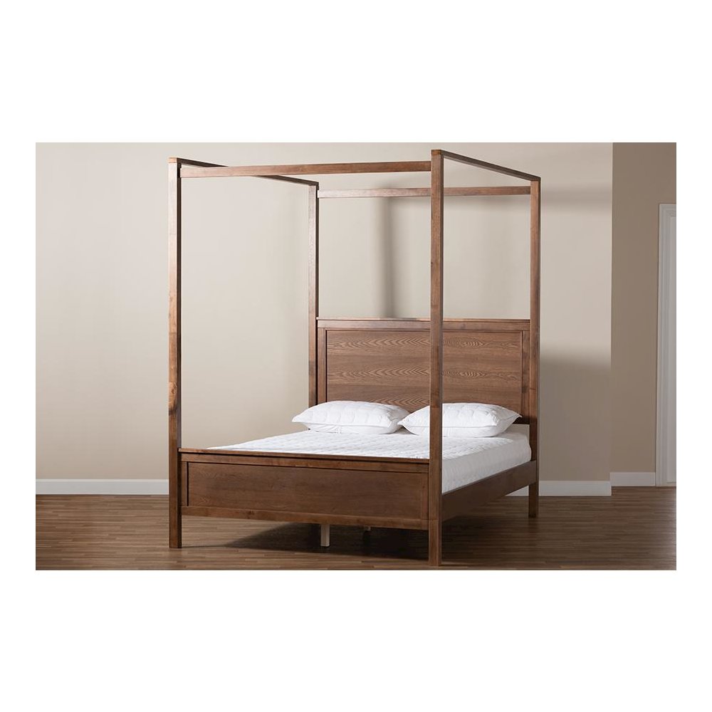 Walnut Brown Finished Wood Queen Size Platform Canopy Bed