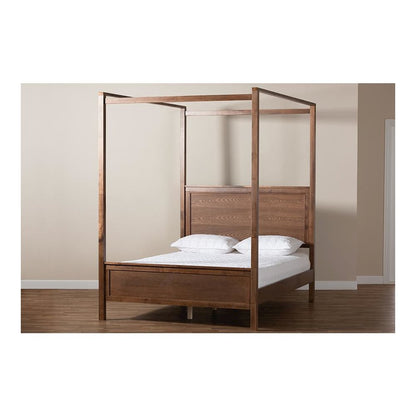 Walnut Brown Finished Wood Queen Size Platform Canopy Bed