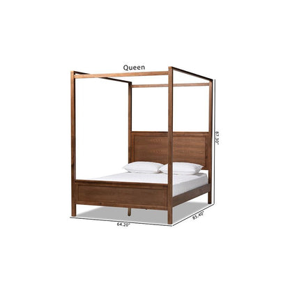 Walnut Brown Finished Wood Queen Size Platform Canopy Bed