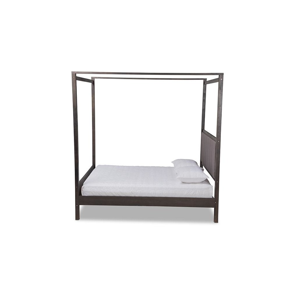 Dark Grey Oak Finished Wood Queen Size Platform Canopy Bed
