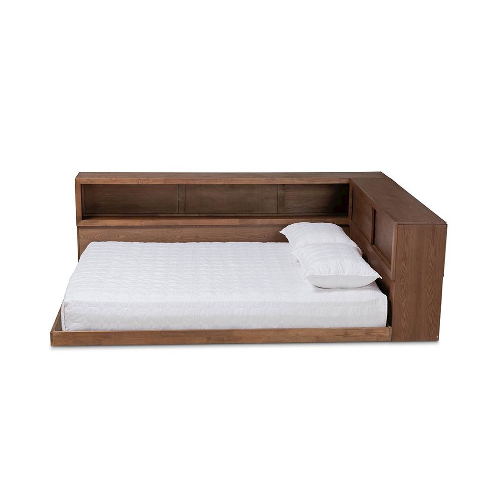 Brown Finished Wood Queen Size Platform Storage Bed with Built-In Outlet