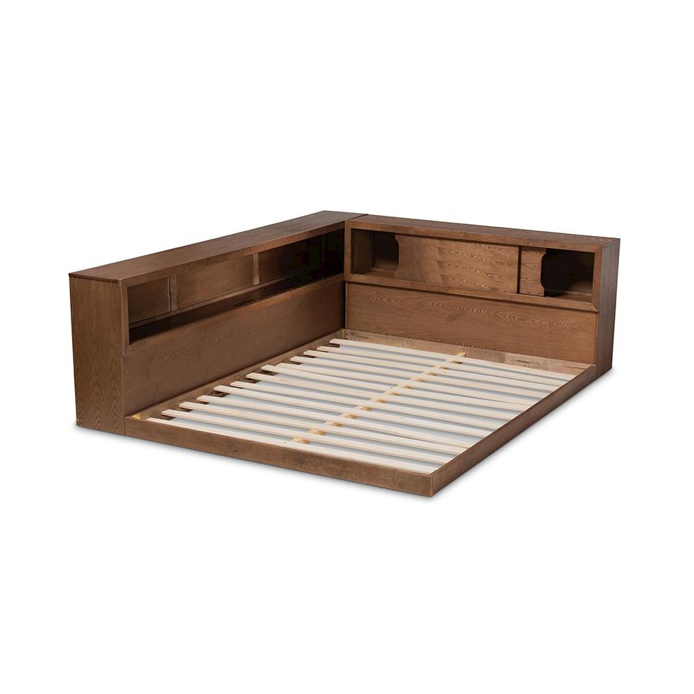 Brown Finished Wood Queen Size Platform Storage Bed with Built-In Outlet