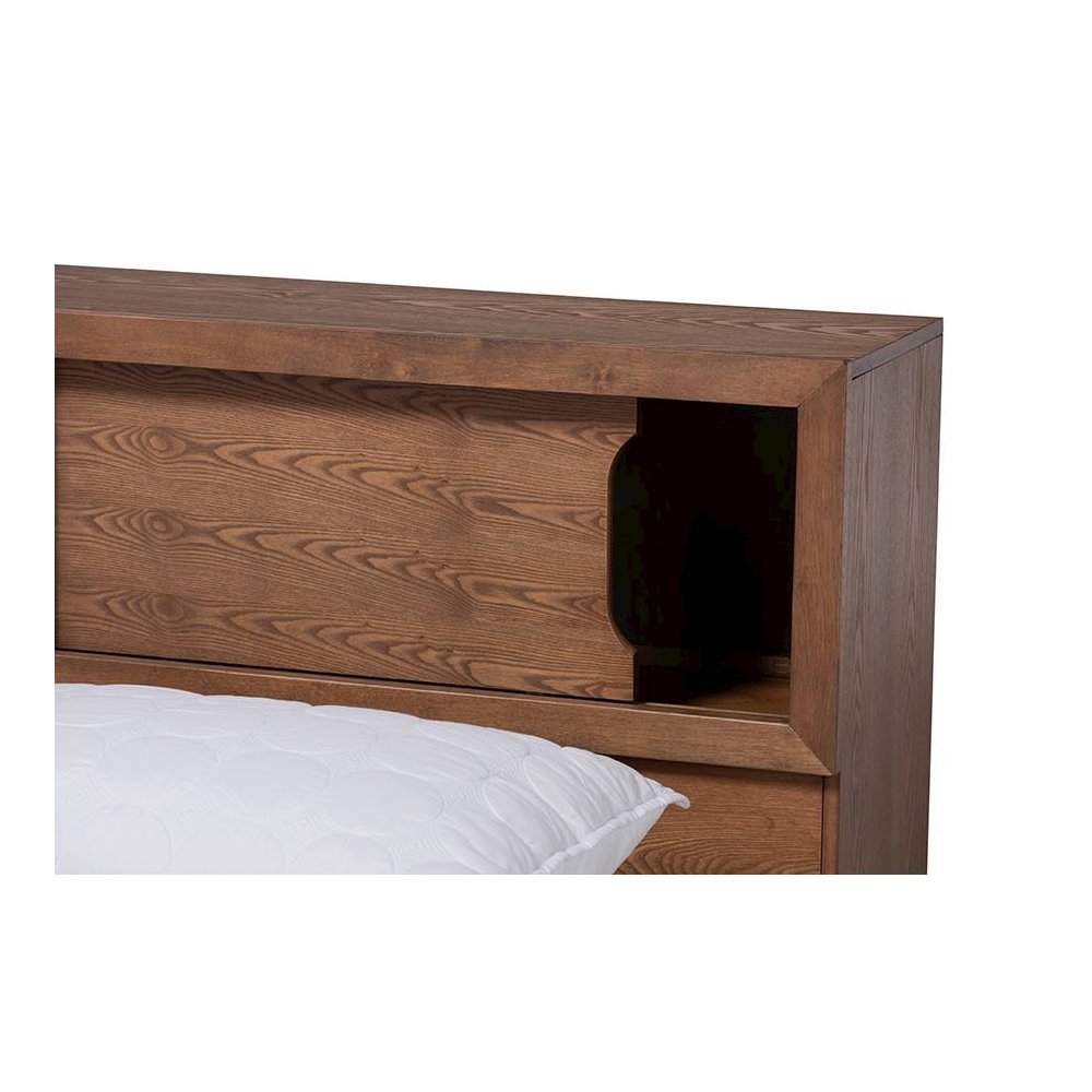 Brown Finished Wood Queen Size Platform Storage Bed with Built-In Outlet