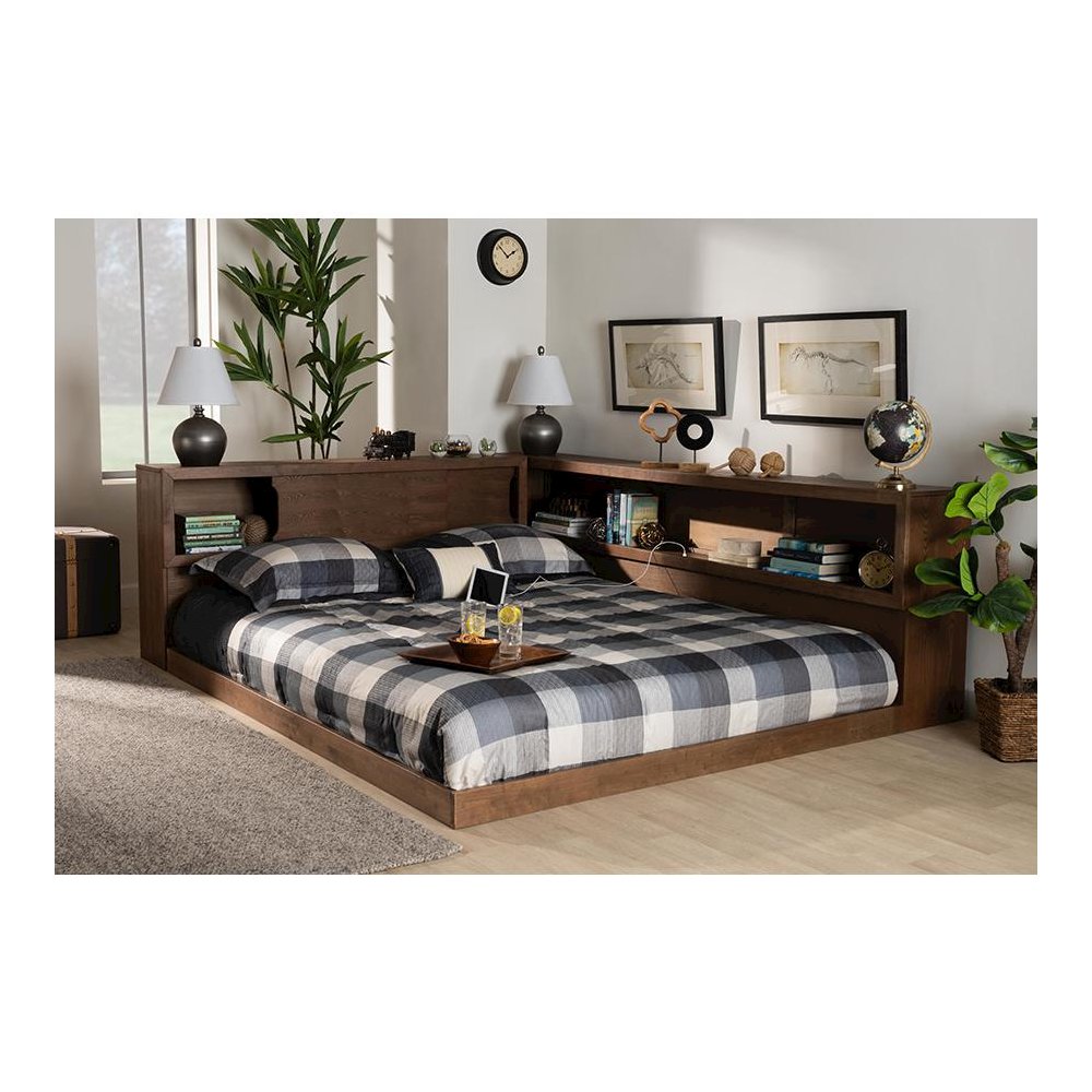 Brown Finished Wood Queen Size Platform Storage Bed with Built-In Outlet