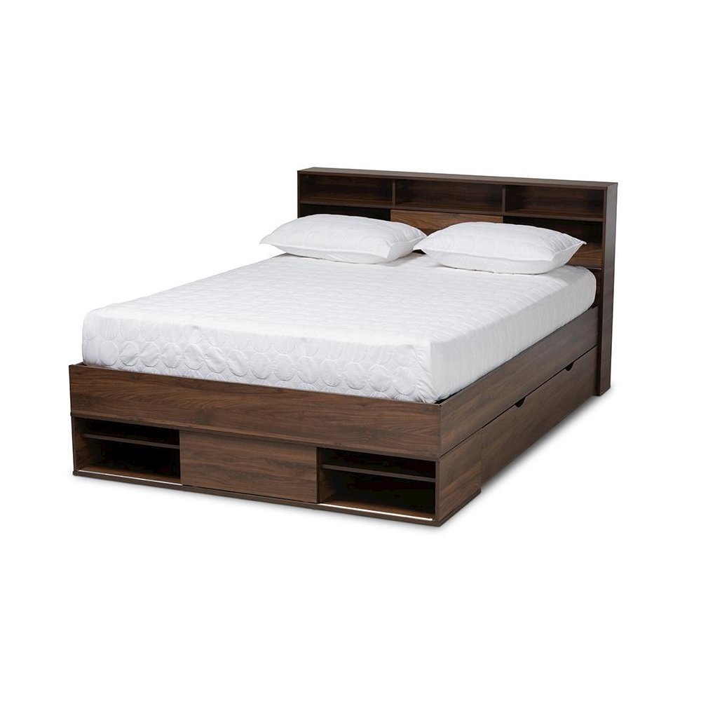 Walnut Brown Finished Wood 1-Drawer Queen Size Platform Storage Bed with Shelves