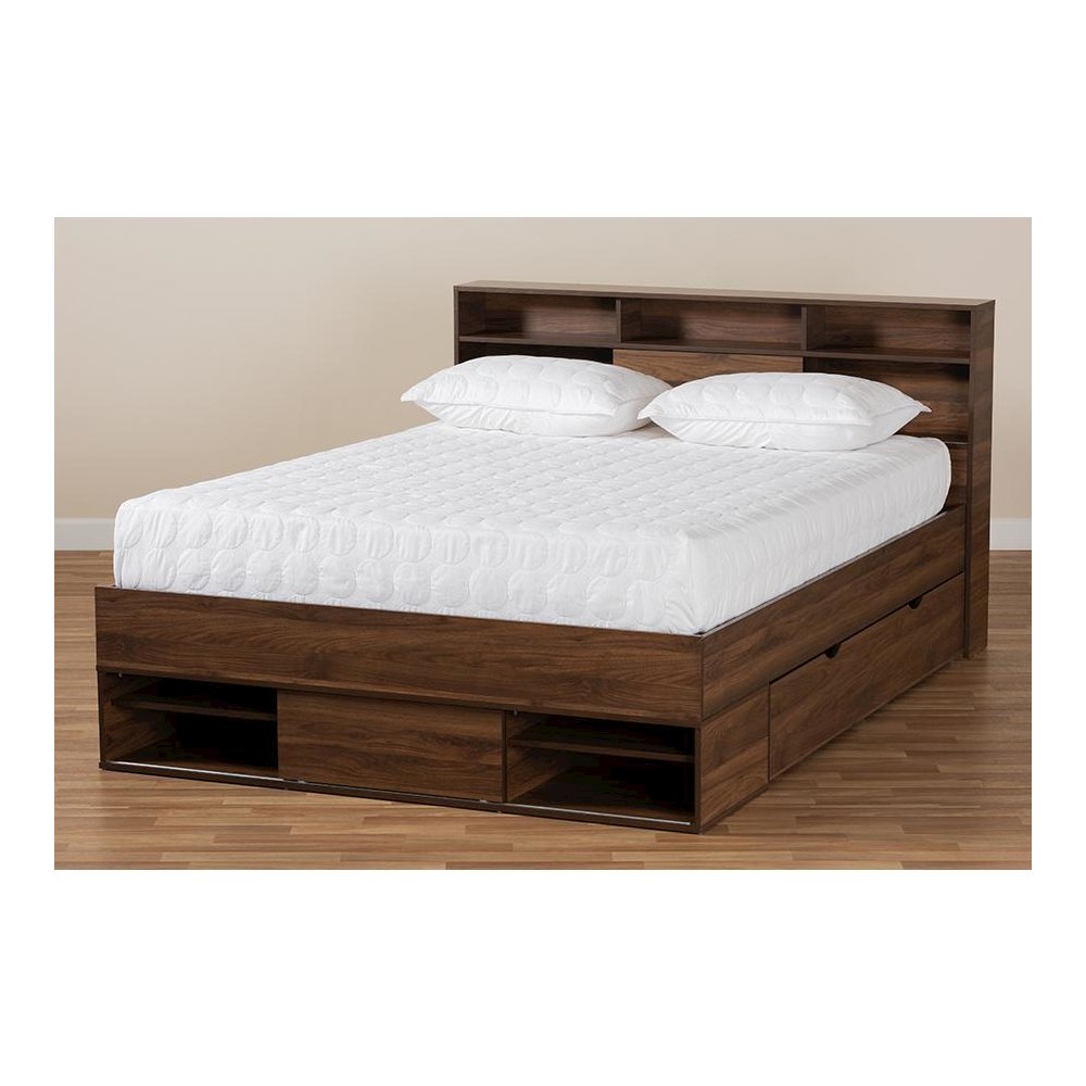 Walnut Brown Finished Wood 1-Drawer Queen Size Platform Storage Bed with Shelves