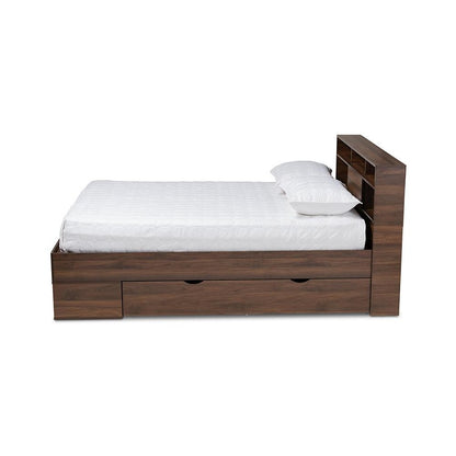 Walnut Brown Finished Wood 1-Drawer Queen Size Platform Storage Bed with Shelves