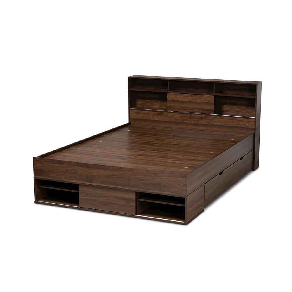 Walnut Brown Finished Wood 1-Drawer Queen Size Platform Storage Bed with Shelves