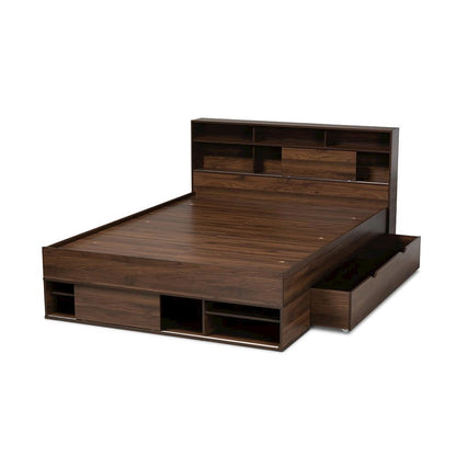 Walnut Brown Finished Wood 1-Drawer Queen Size Platform Storage Bed with Shelves