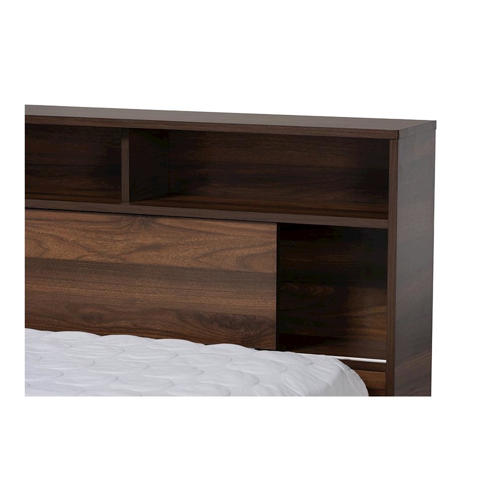 Walnut Brown Finished Wood 1-Drawer Queen Size Platform Storage Bed with Shelves