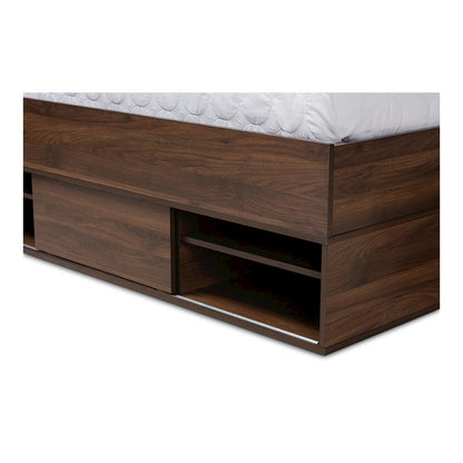 Walnut Brown Finished Wood 1-Drawer Queen Size Platform Storage Bed with Shelves