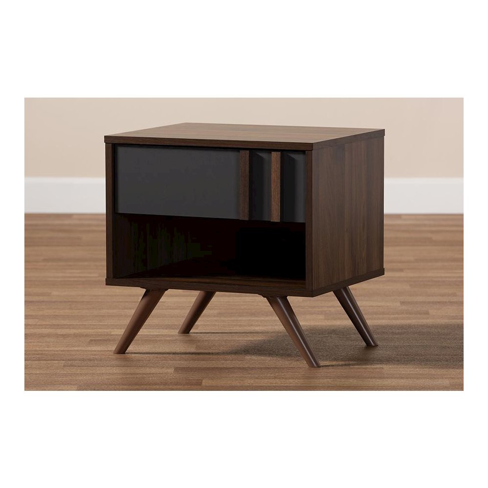 Two-Tone Grey and Walnut Finished Wood 1-Drawer Nightstand