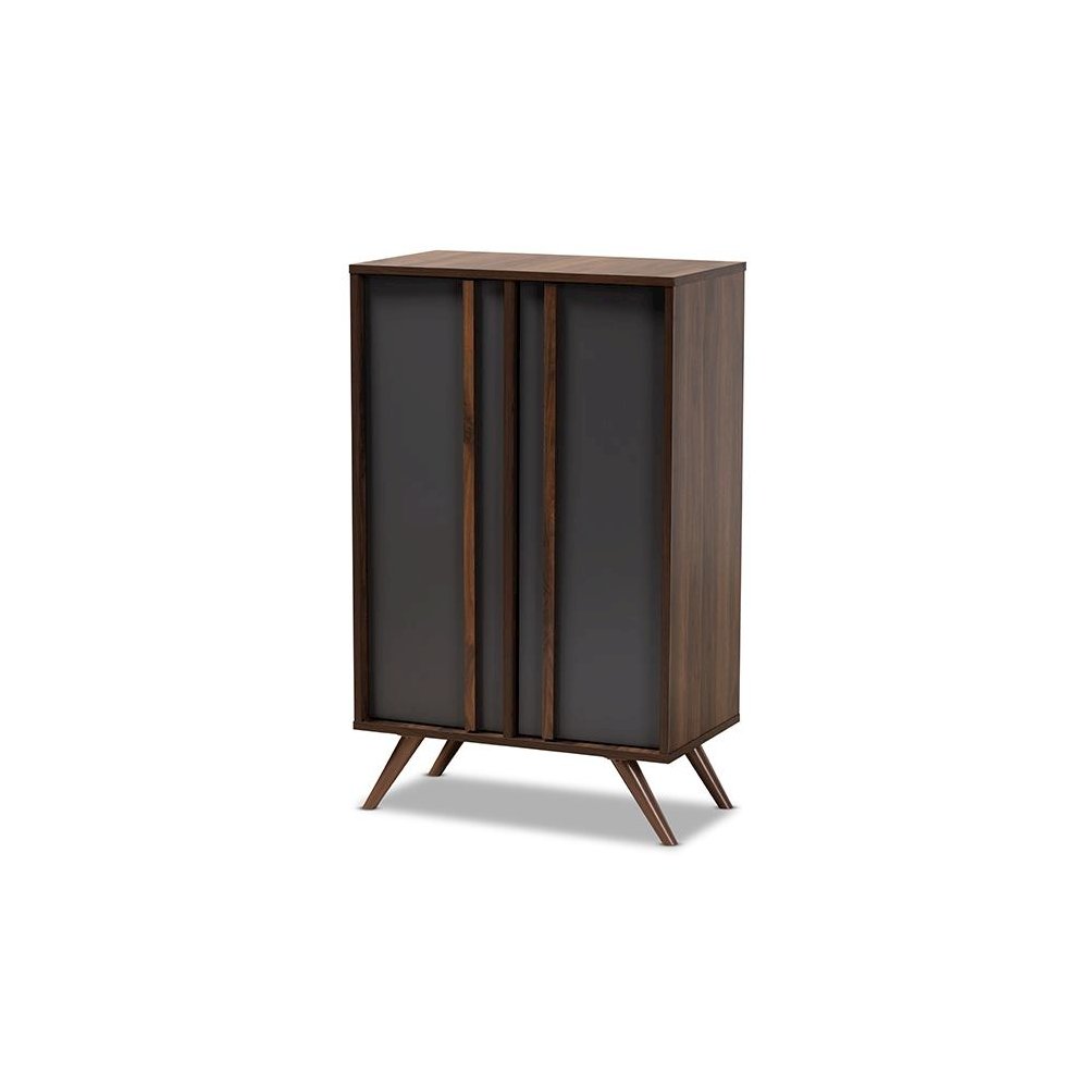 Two-Tone Grey and Walnut Finished Wood 2-Door Shoe Cabinet