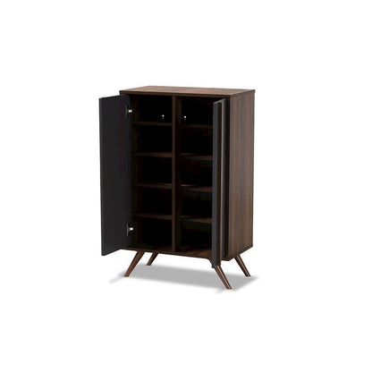 Two-Tone Grey and Walnut Finished Wood 2-Door Shoe Cabinet