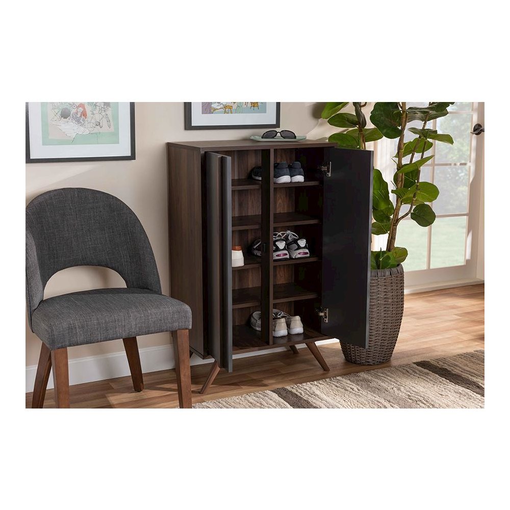 Two-Tone Grey and Walnut Finished Wood 2-Door Shoe Cabinet