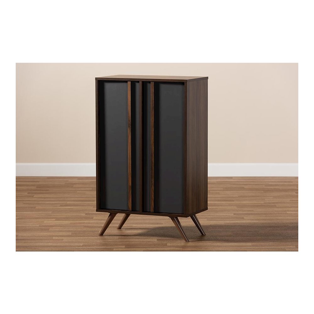 Two-Tone Grey and Walnut Finished Wood 2-Door Shoe Cabinet