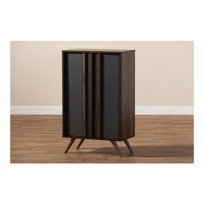 Two-Tone Grey and Walnut Finished Wood 2-Door Shoe Cabinet
