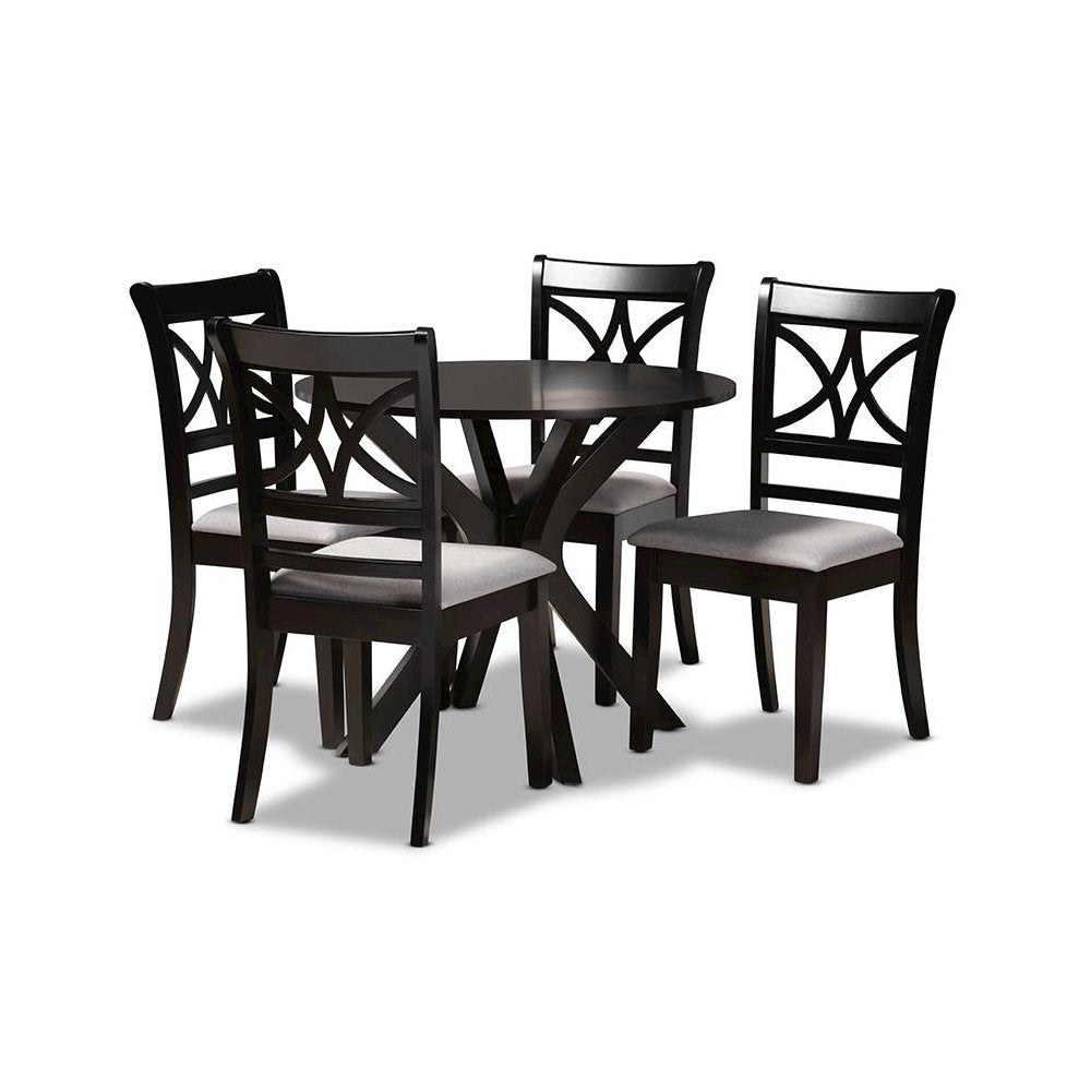 Grey Fabric Upholstered and Dark Brown Finished Wood 5-Piece Dining Set