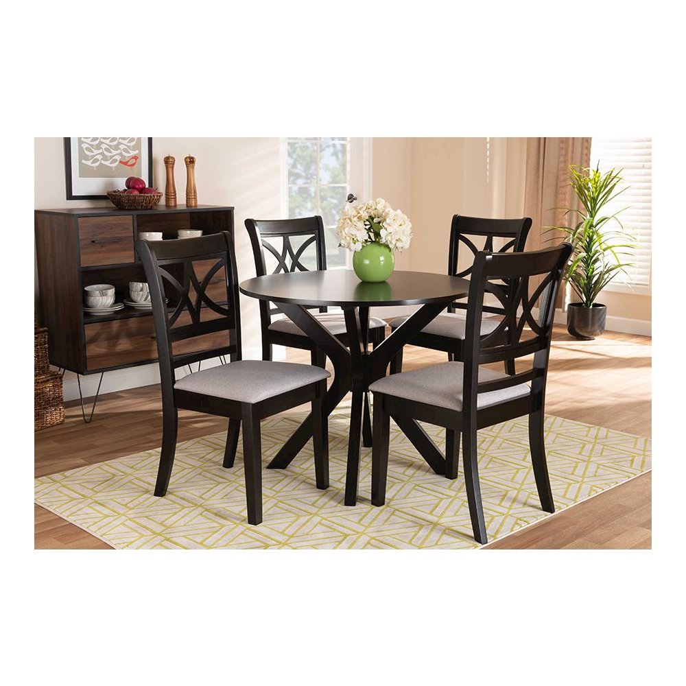 Grey Fabric Upholstered and Dark Brown Finished Wood 5-Piece Dining Set