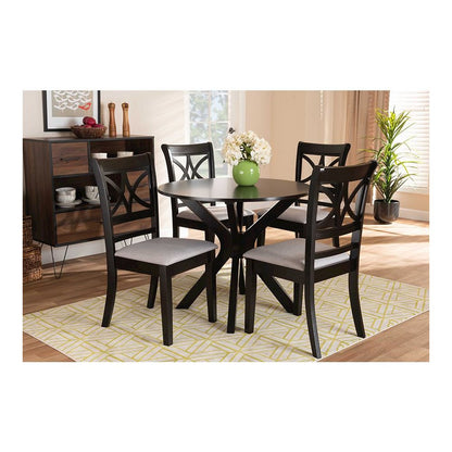 Grey Fabric Upholstered and Dark Brown Finished Wood 5-Piece Dining Set