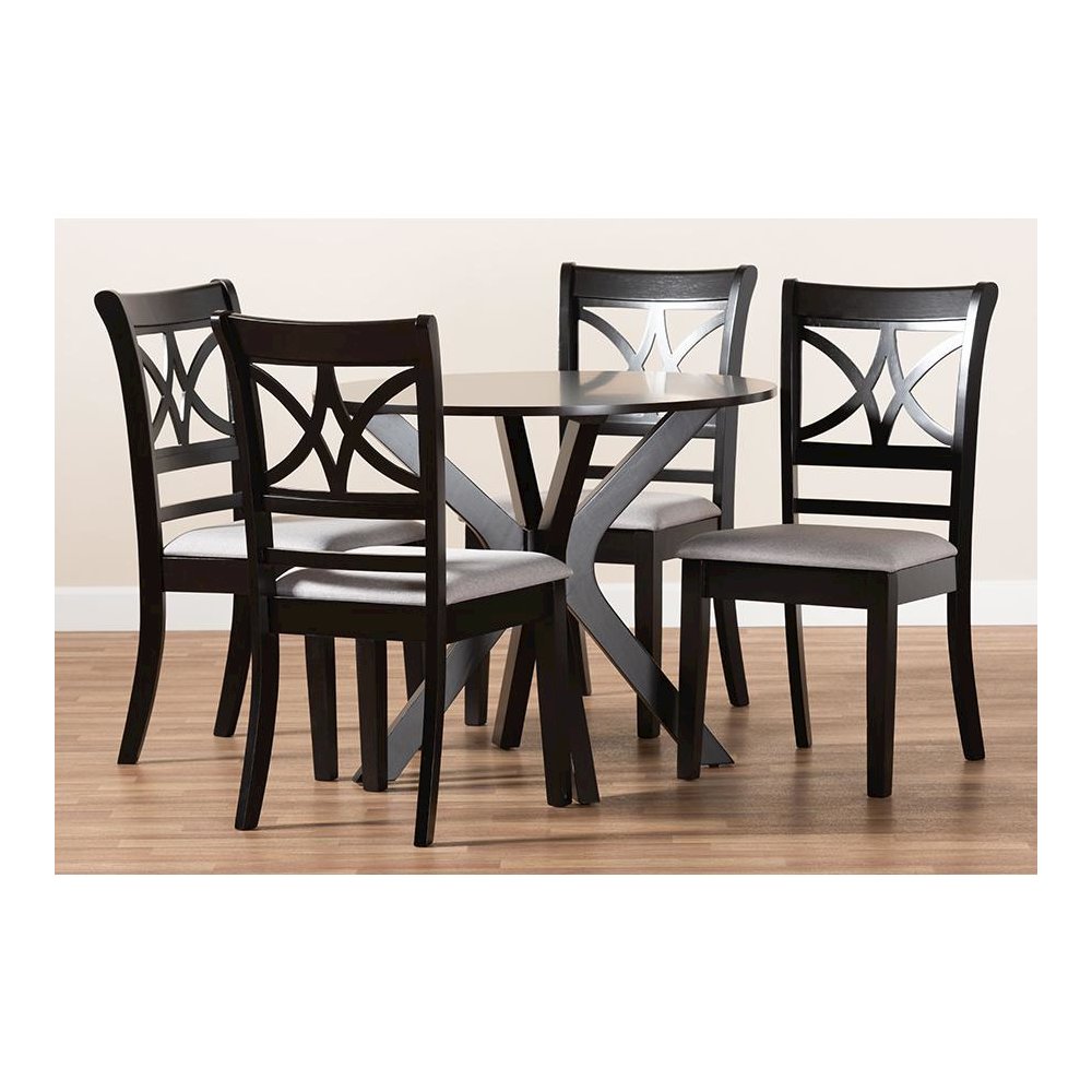 Grey Fabric Upholstered and Dark Brown Finished Wood 5-Piece Dining Set