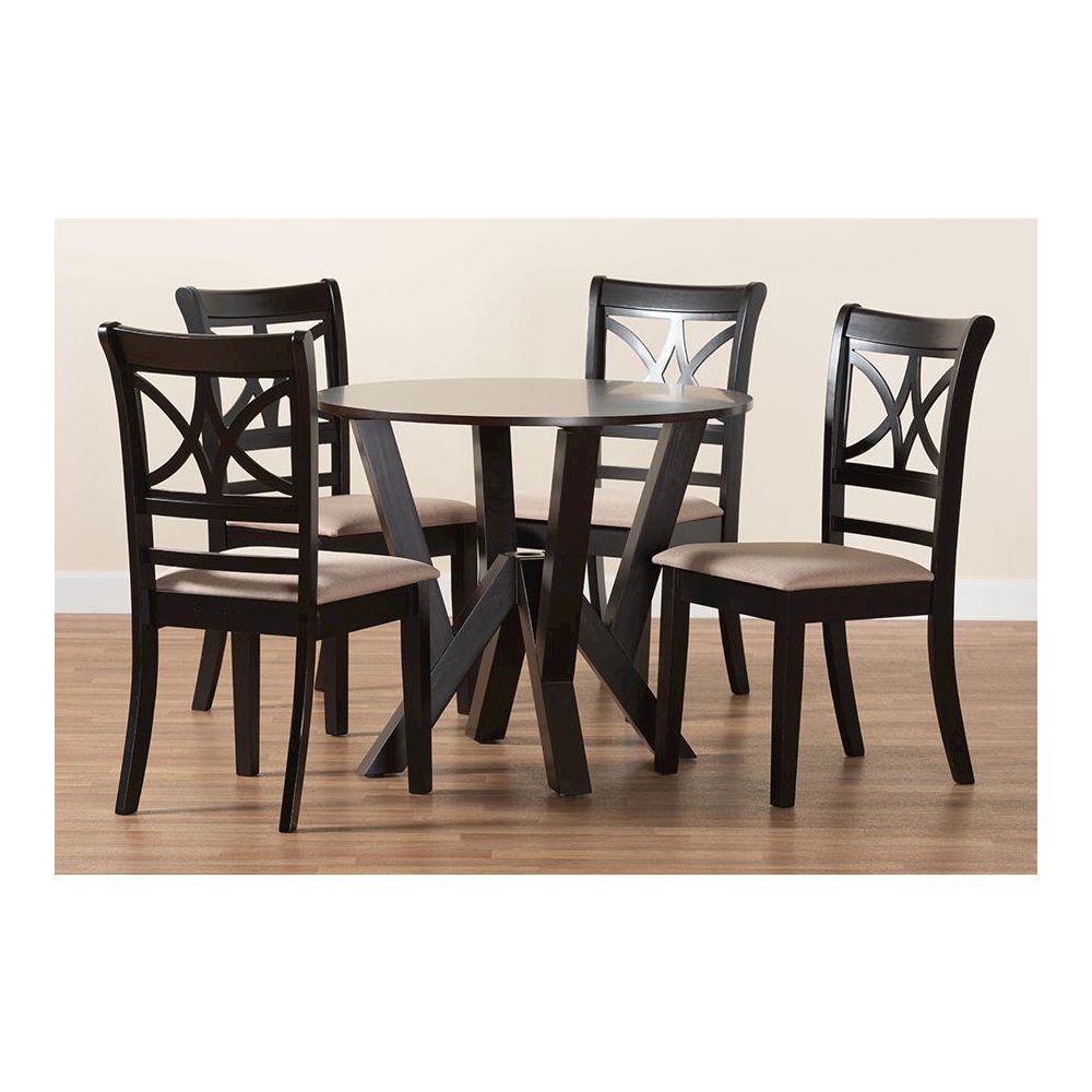 Mari Modern Beige Fabric and Dark Brown Finished Wood 5-Piece Dining Set