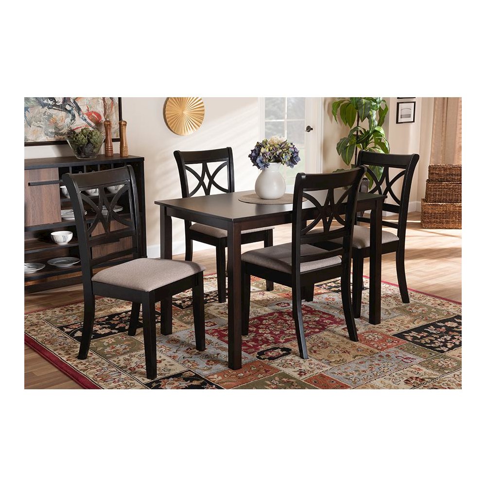 Sand Fabric Upholstered and Espresso Brown Finished Wood 5-Piece Dining Set