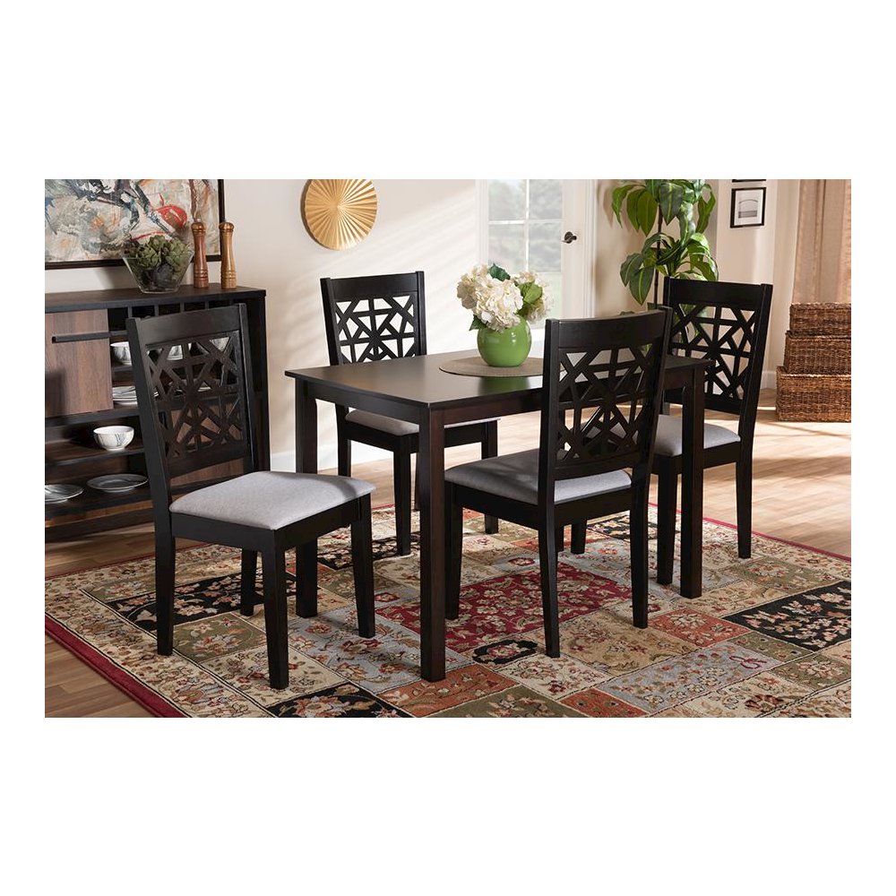 Grey Fabric Upholstered and Espresso Brown Finished Wood 5-Piece Dining Set