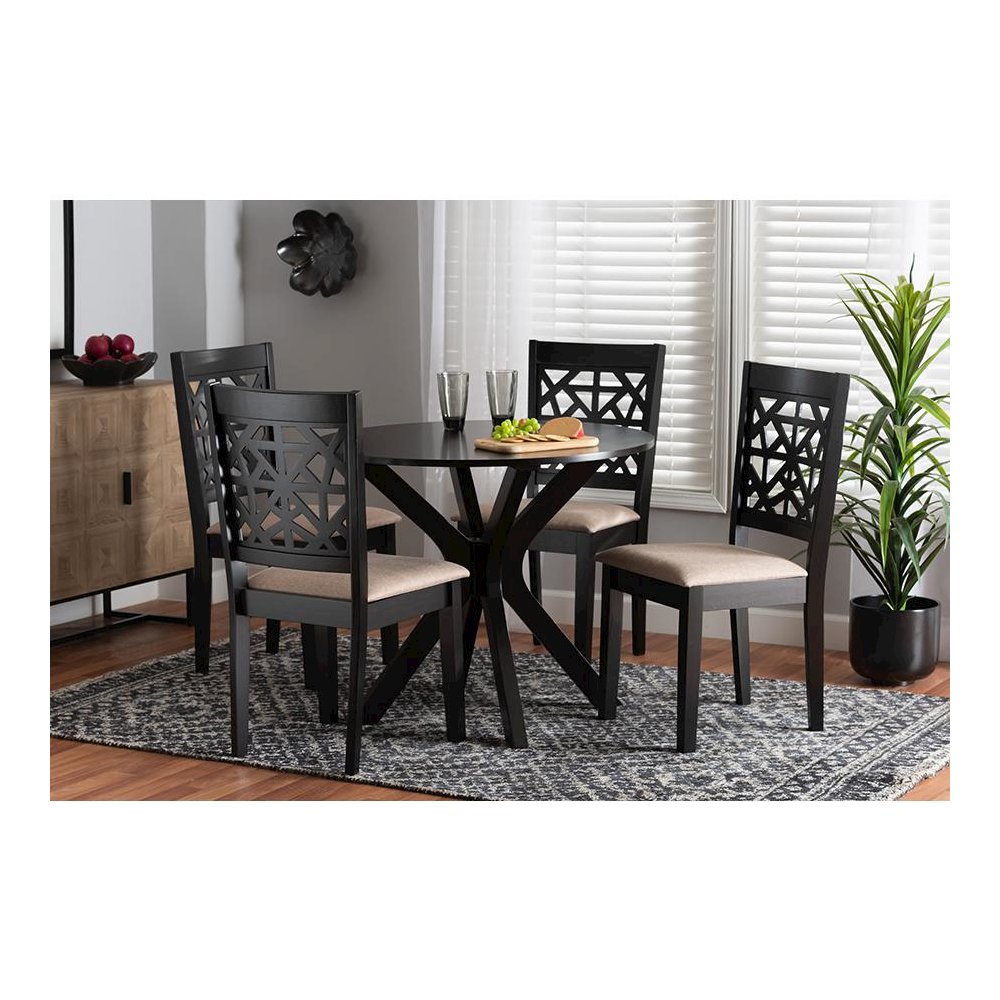 Karel Modern Beige Fabric and Espresso Brown Finished Wood 5-Piece Dining Set