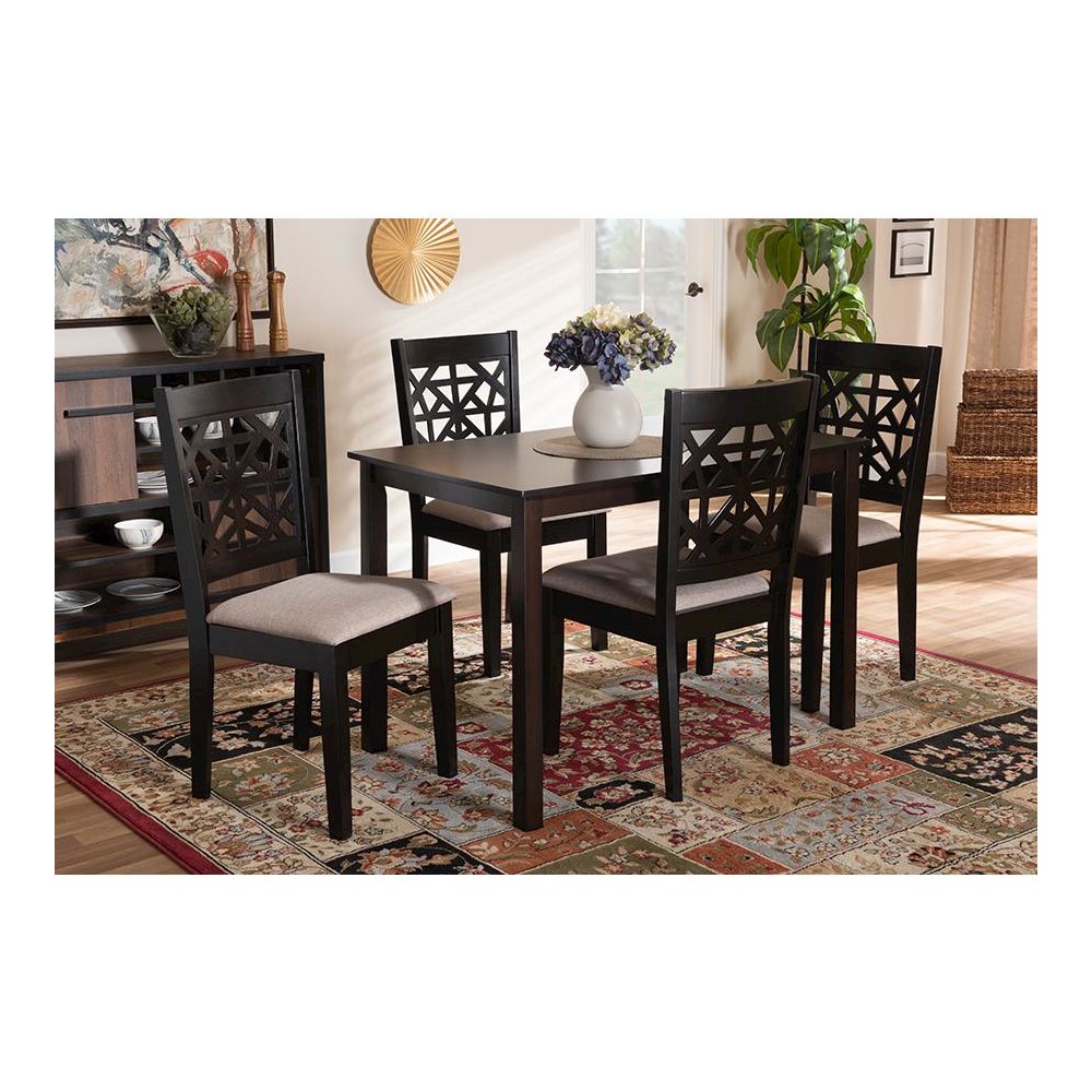 Sand Fabric Upholstered and Espresso Brown Finished Wood 5-Piece Dining Set