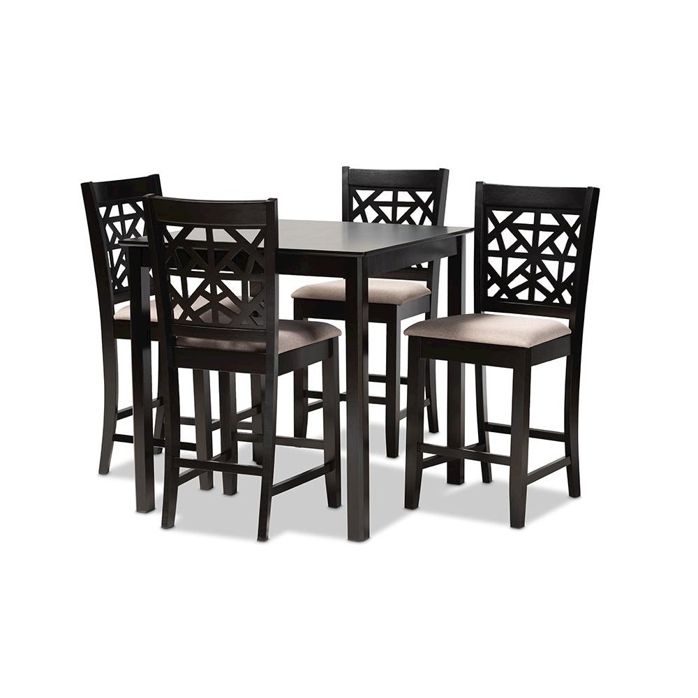Sand Fabric Upholstered and Espresso Brown Finished Wood 5-Piece Pub Dining Set