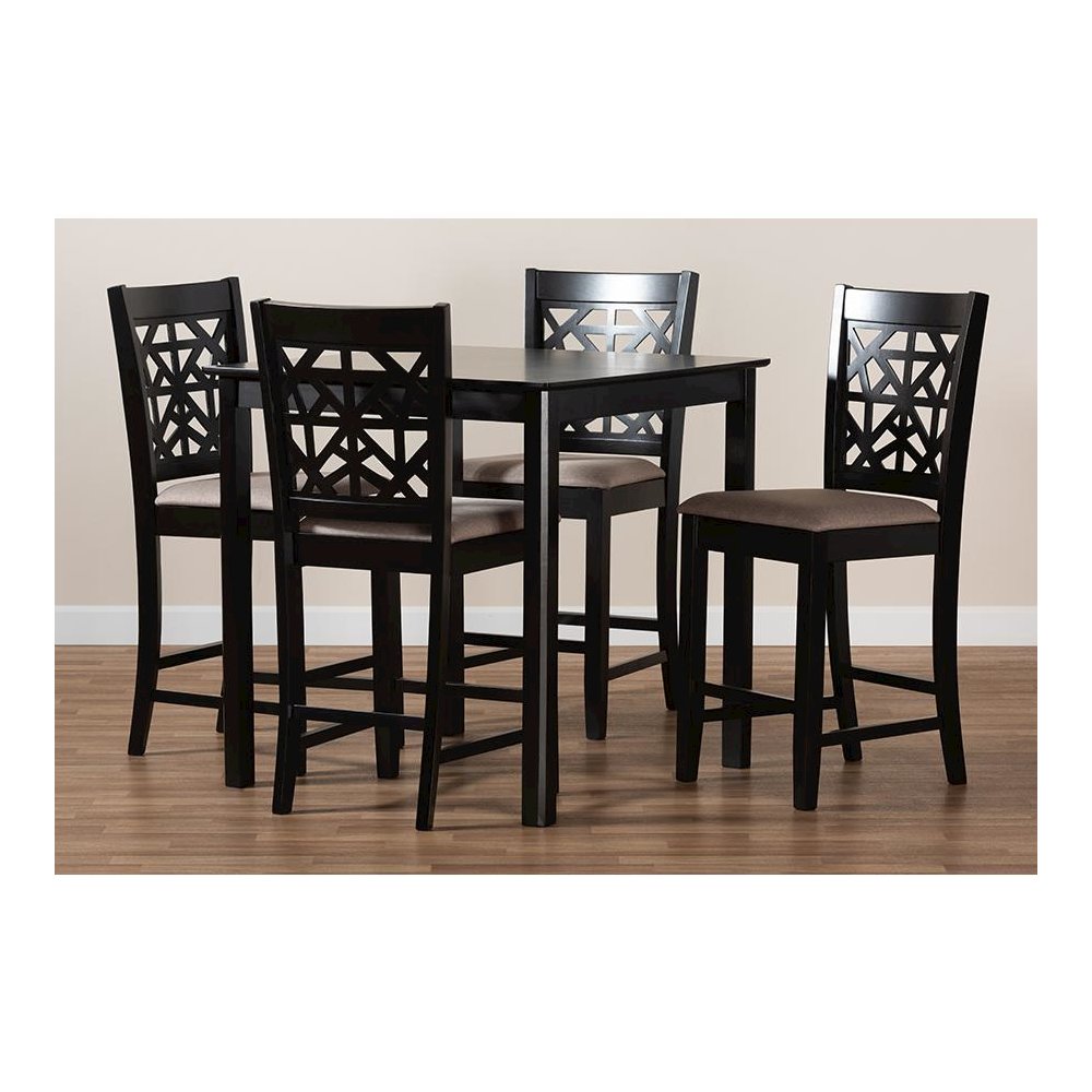 Sand Fabric Upholstered and Espresso Brown Finished Wood 5-Piece Pub Dining Set